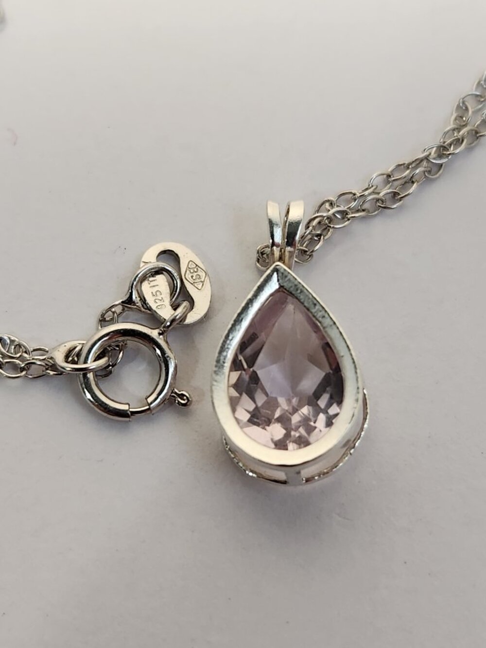 VTG 925 ITALY Sterling Silver Rose de France Amethyst Pear Pendant Necklace 18in